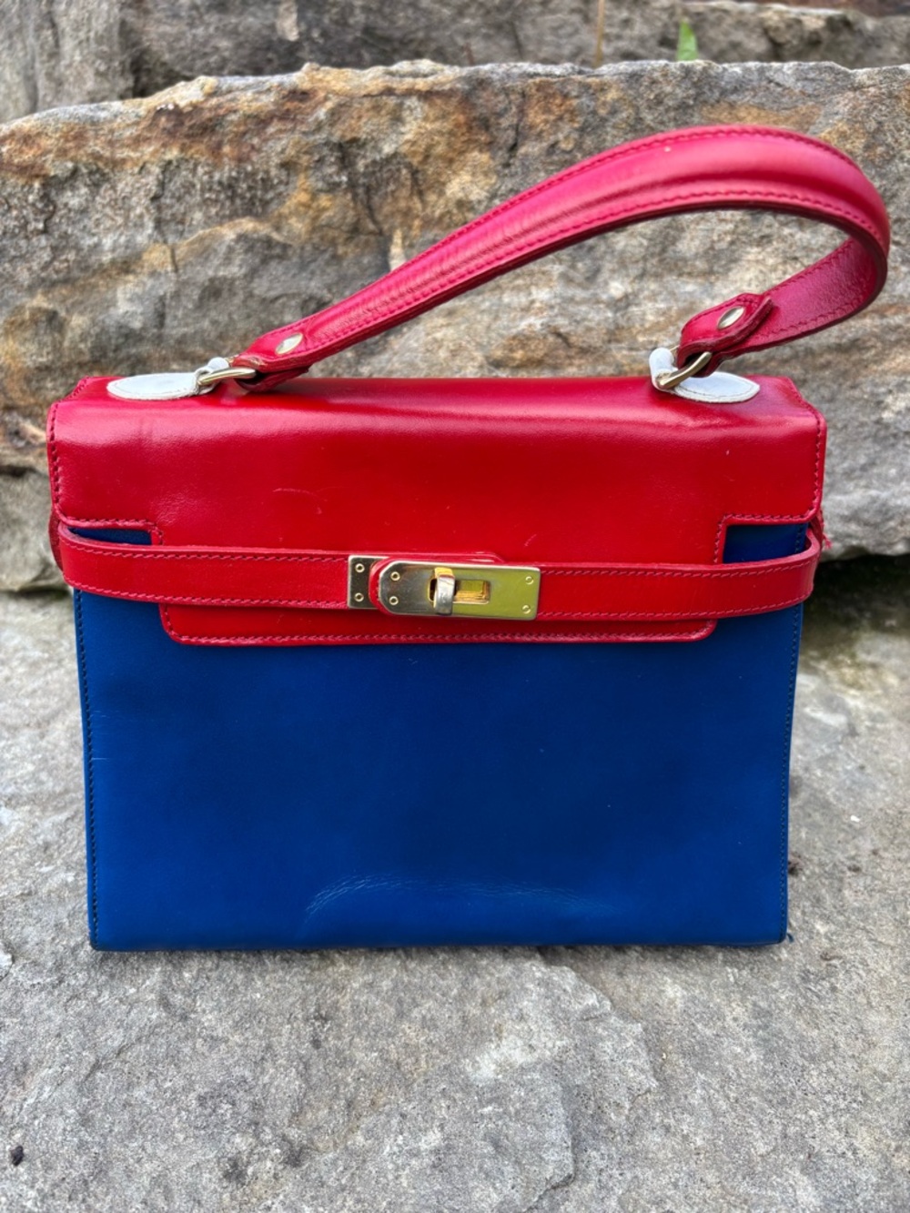 VINTAGE/ Never Used/ ITALY Classic Red and Blue Leather Top-Handle Bag.